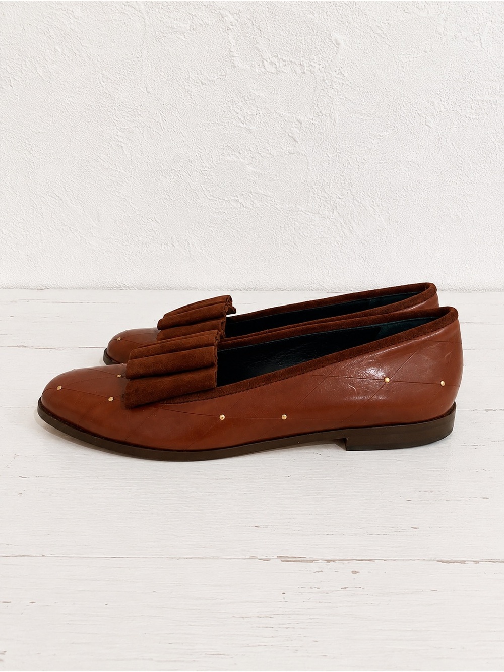 Joan & David Brown Leather/Suede Quilted Studded Flats Size 7.5 Slip-On Loafers